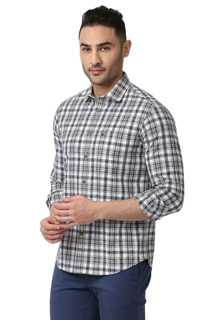 BASICS SLIM FIT CORN YELLOW COTTON CHECKS SHIRT