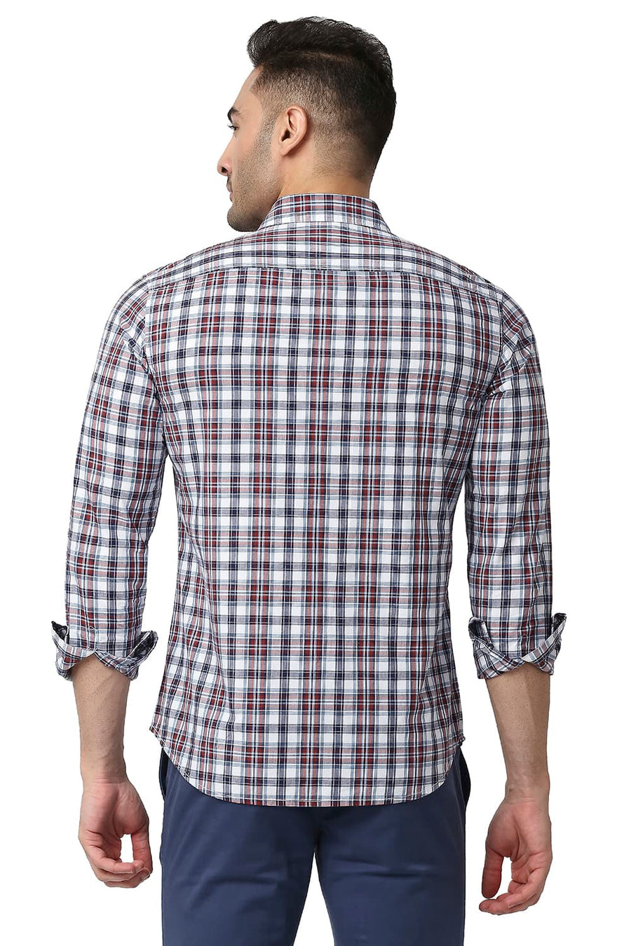BASICS SLIM FIT BURNT RED COTTON CHECKS SHIRT
