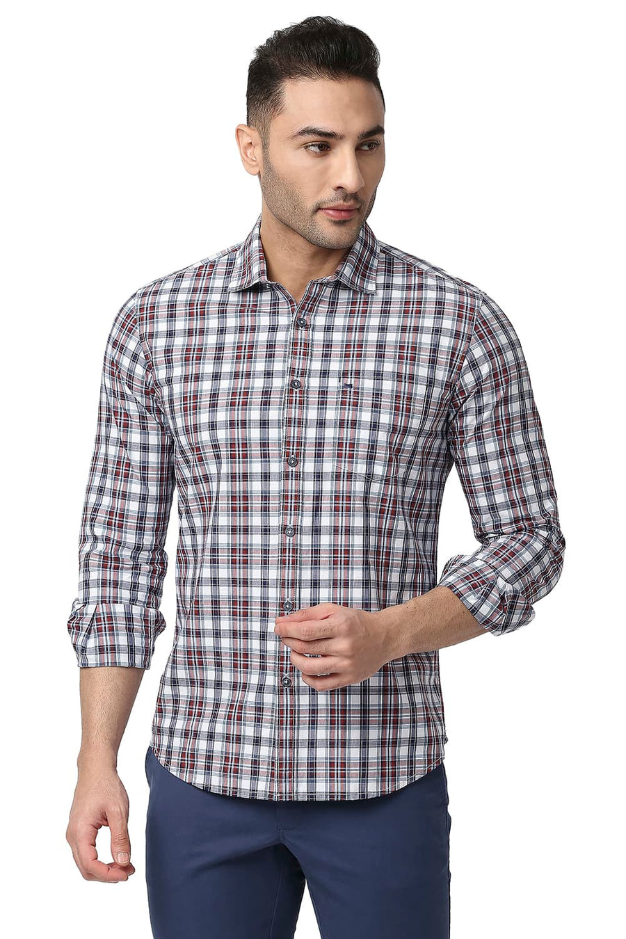 BASICS SLIM FIT BURNT RED COTTON CHECKS SHIRT
