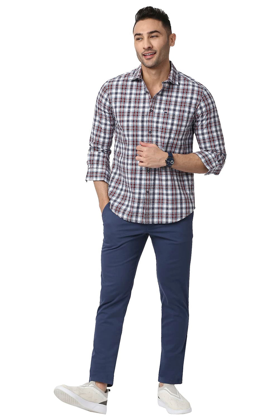 BASICS SLIM FIT BURNT RED COTTON CHECKS SHIRT