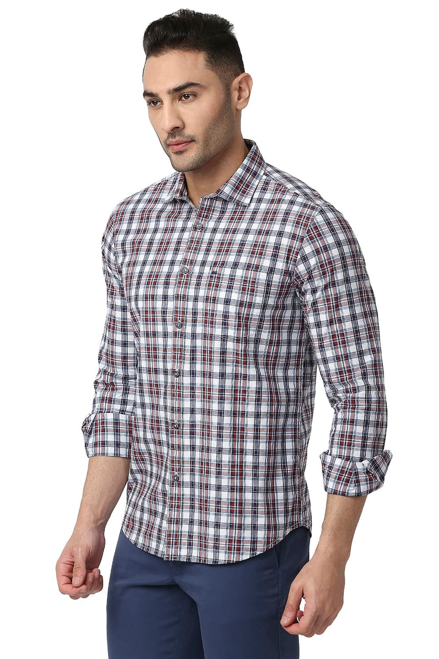 BASICS SLIM FIT BURNT RED COTTON CHECKS SHIRT