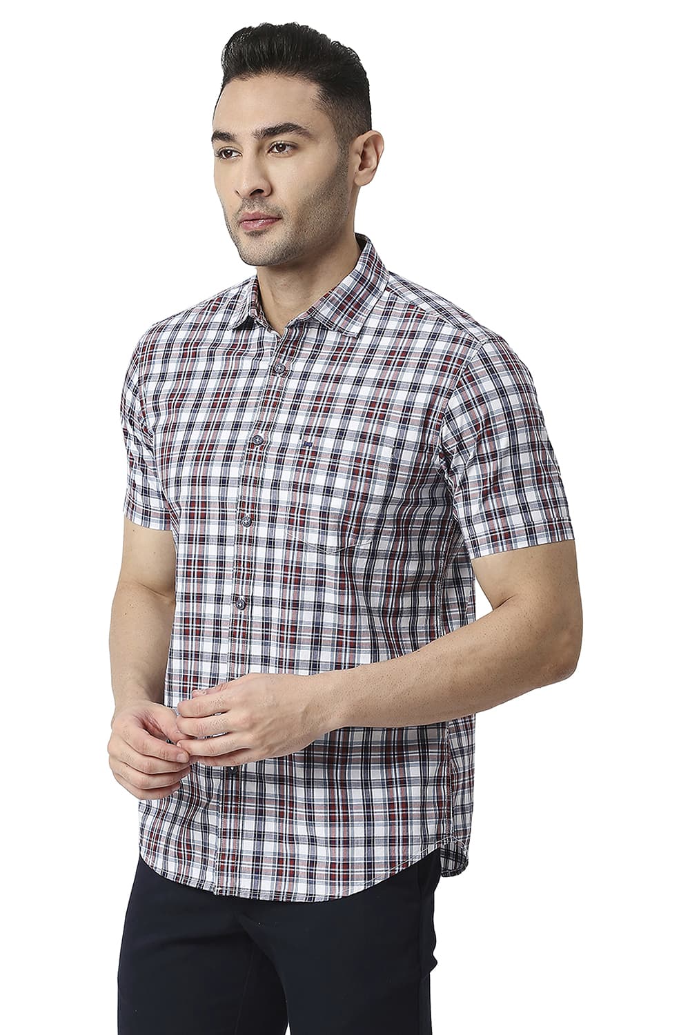 BASICS SLIM FIT COTTON CHECKS HALFSLEEVES SHIRT