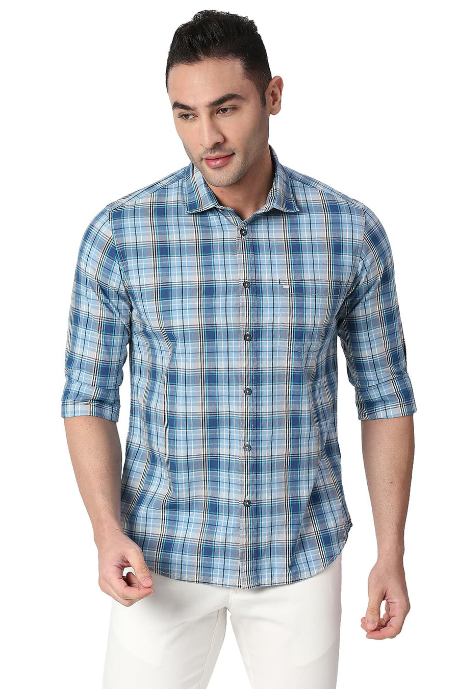 BASICS SLIM FIT HERITAGE BLUE COTTON CHECKS SHIRT