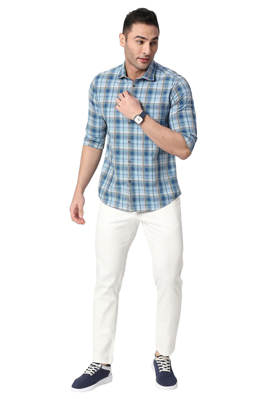 BASICS SLIM FIT HERITAGE BLUE COTTON CHECKS SHIRT