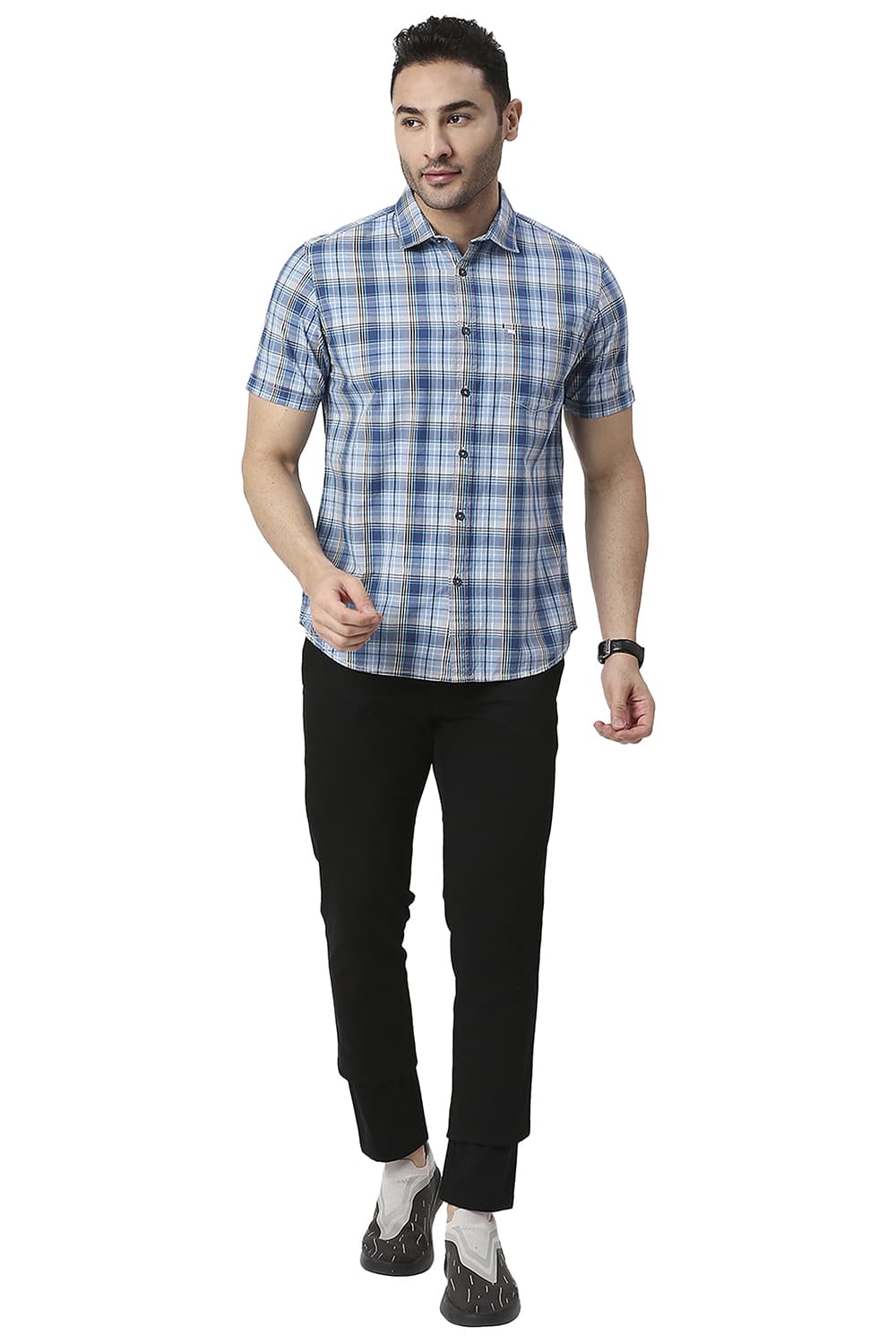 BASICS SLIM FIT COTTON CHECKS HALFSLEEVES SHIRT