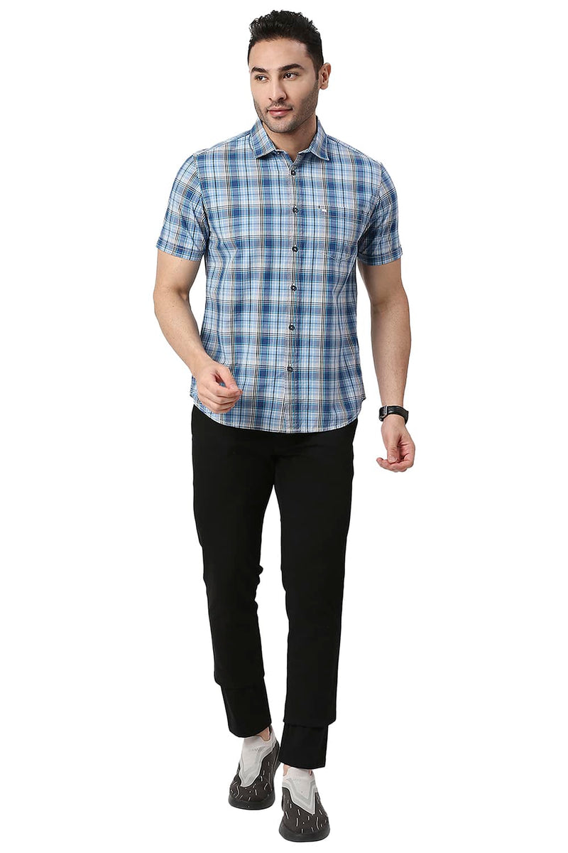 BASICS SLIM FIT COTTON CHECKS HALFSLEEVES SHIRT