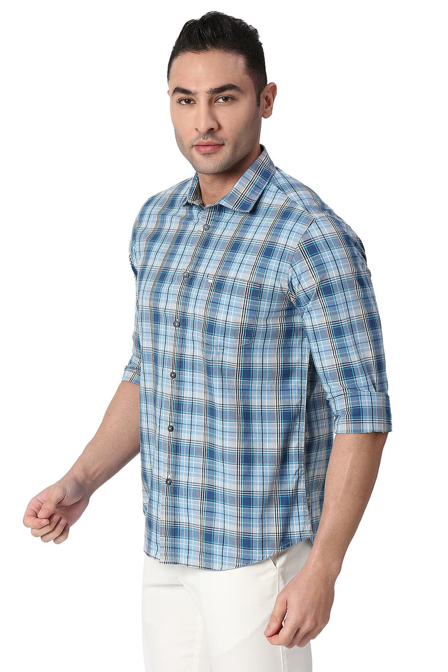 BASICS SLIM FIT HERITAGE BLUE COTTON CHECKS SHIRT