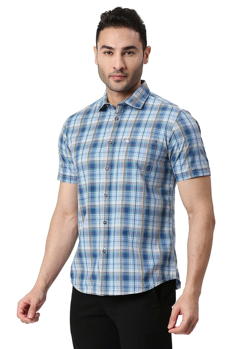 BASICS SLIM FIT COTTON CHECKS HALFSLEEVES SHIRT