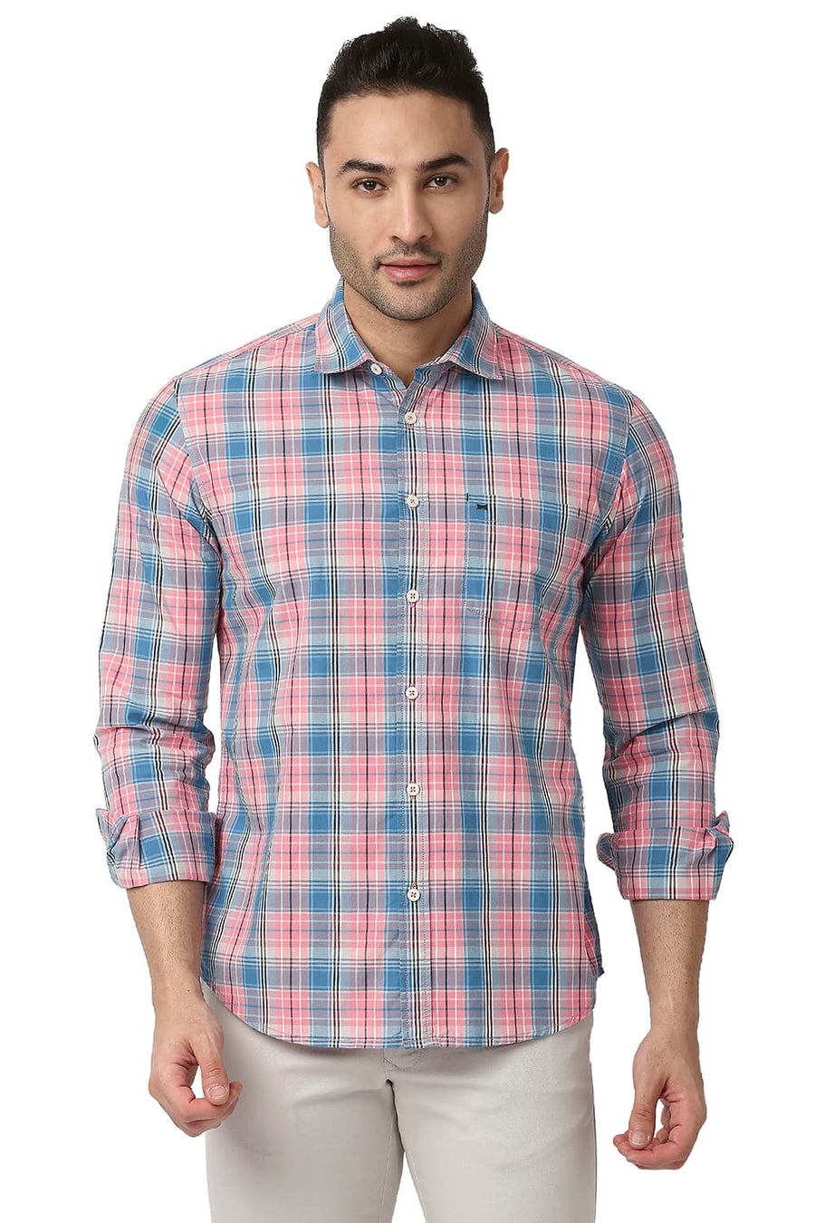 BASICS SLIM FIT QUARTZ PINK COTTON CHECKS SHIRT