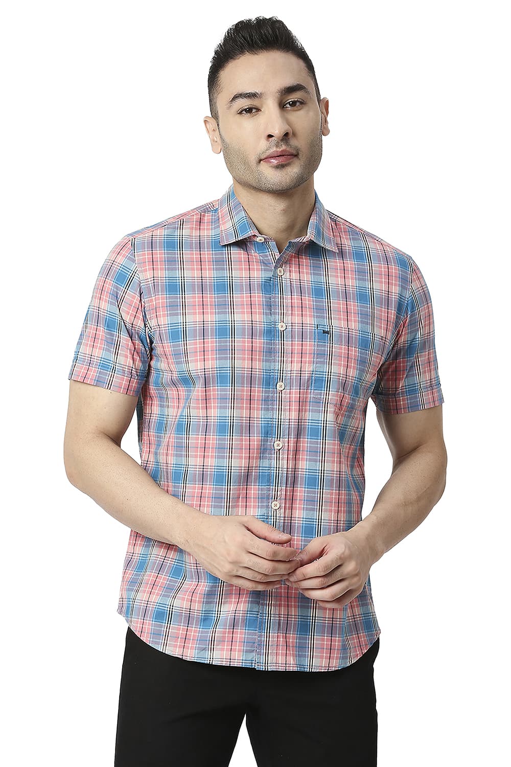 BASICS SLIM FIT COTTON CHECKS HALFSLEEVES SHIRT