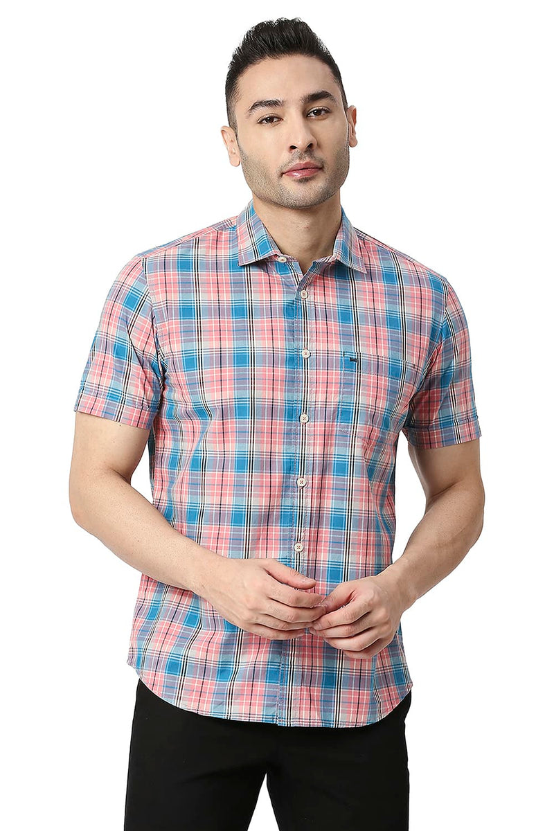 BASICS SLIM FIT COTTON CHECKS HALFSLEEVES SHIRT