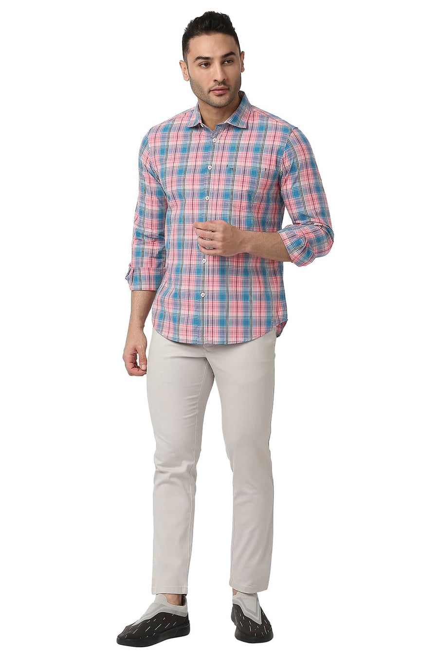 BASICS SLIM FIT QUARTZ PINK COTTON CHECKS SHIRT
