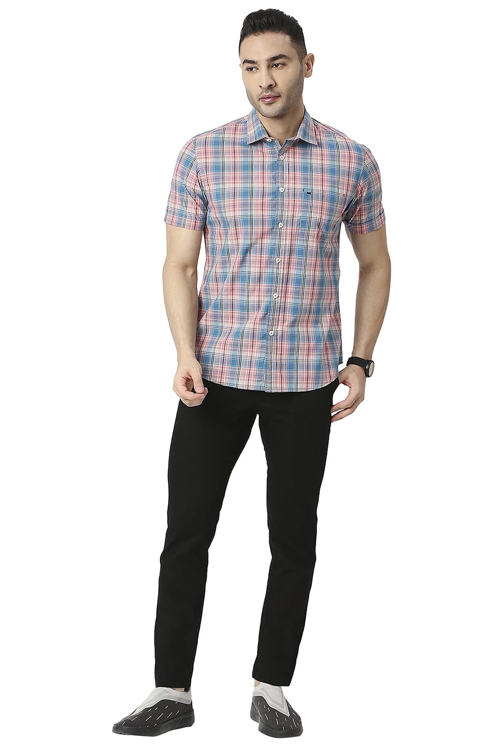 BASICS SLIM FIT COTTON CHECKS HALFSLEEVES SHIRT