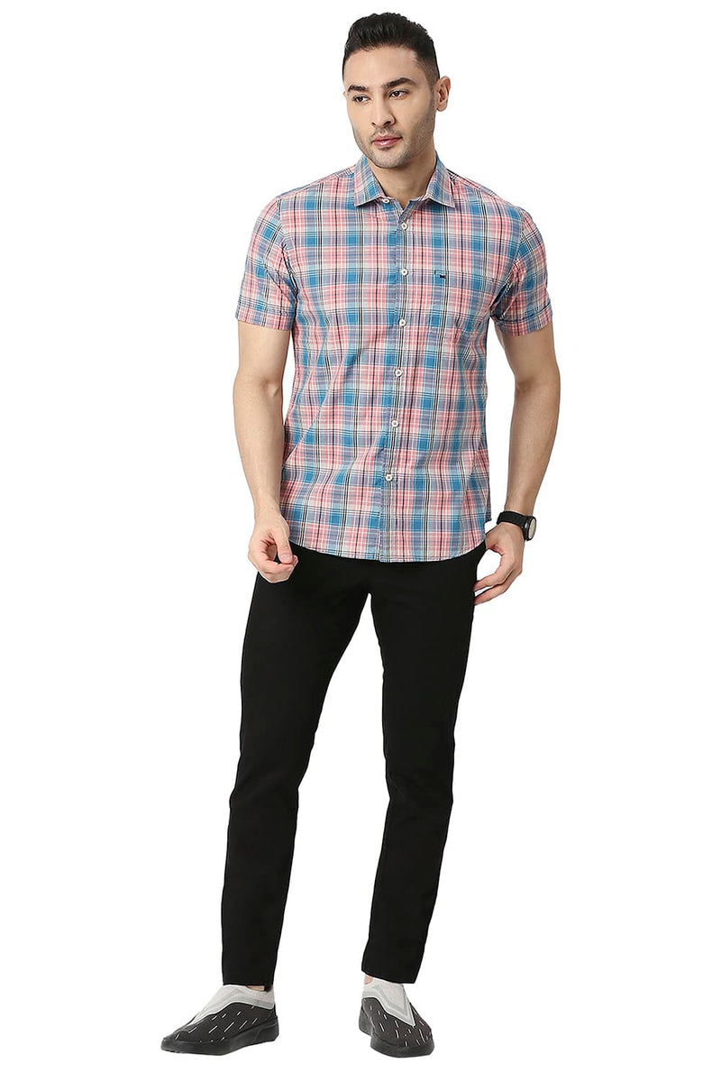 BASICS SLIM FIT COTTON CHECKS HALFSLEEVES SHIRT