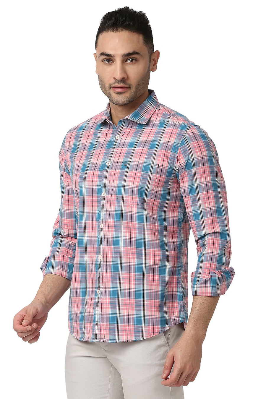 BASICS SLIM FIT QUARTZ PINK COTTON CHECKS SHIRT