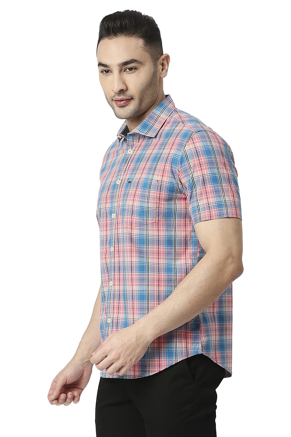 BASICS SLIM FIT COTTON CHECKS HALFSLEEVES SHIRT