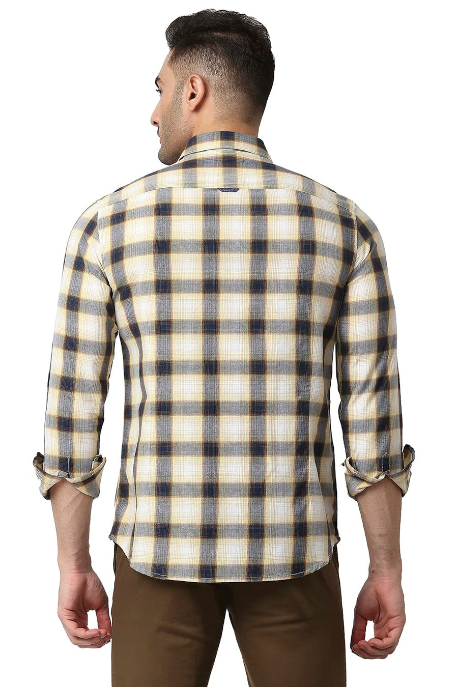 BASICS SLIM FIT CHAMOMILE YELLOW COTTON TWILL CHECKS SHIRT