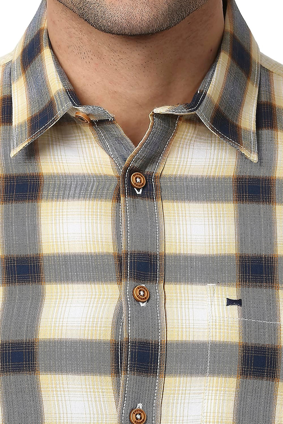 BASICS SLIM FIT CHAMOMILE YELLOW COTTON TWILL CHECKS SHIRT