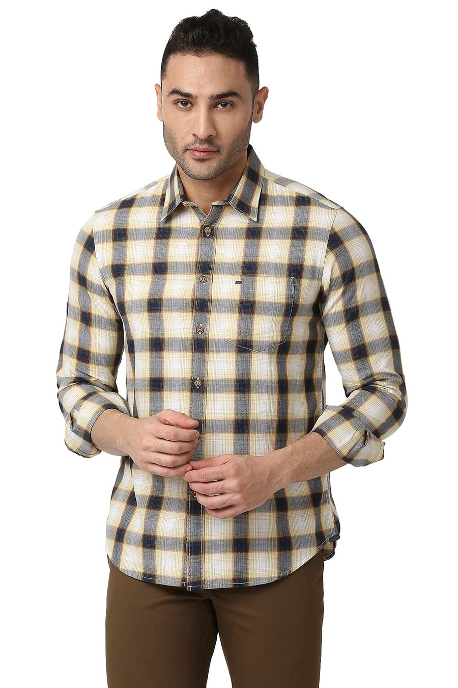 BASICS SLIM FIT CHAMOMILE YELLOW COTTON TWILL CHECKS SHIRT