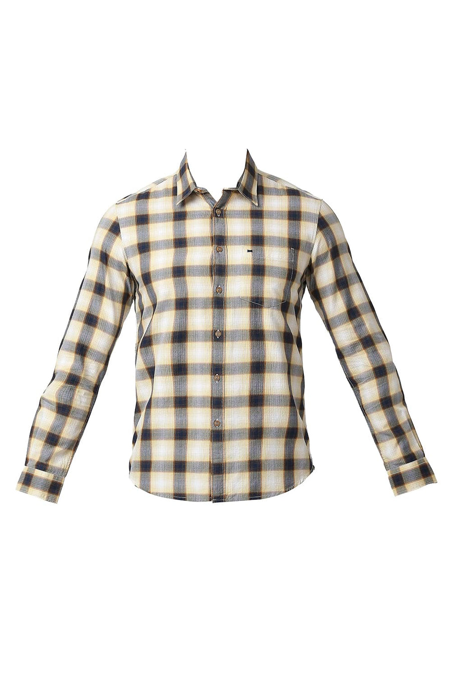 BASICS SLIM FIT CHAMOMILE YELLOW COTTON TWILL CHECKS SHIRT