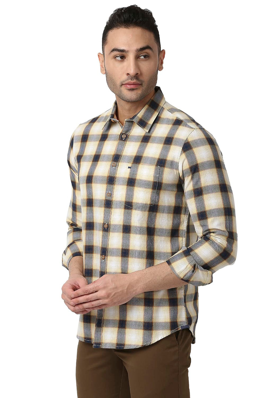 BASICS SLIM FIT CHAMOMILE YELLOW COTTON TWILL CHECKS SHIRT