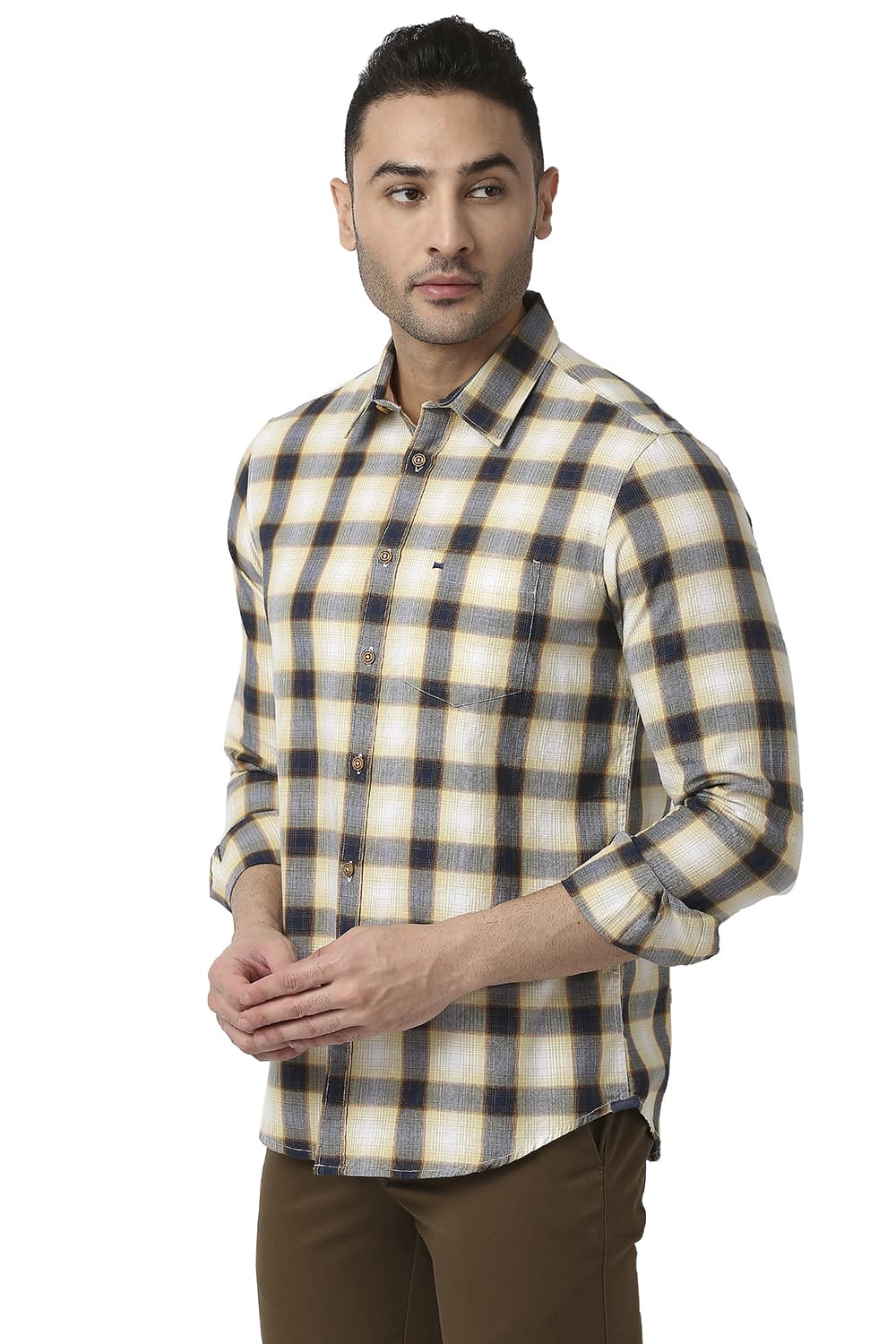 BASICS SLIM FIT COTTON TWILL CHECKS SHIRT