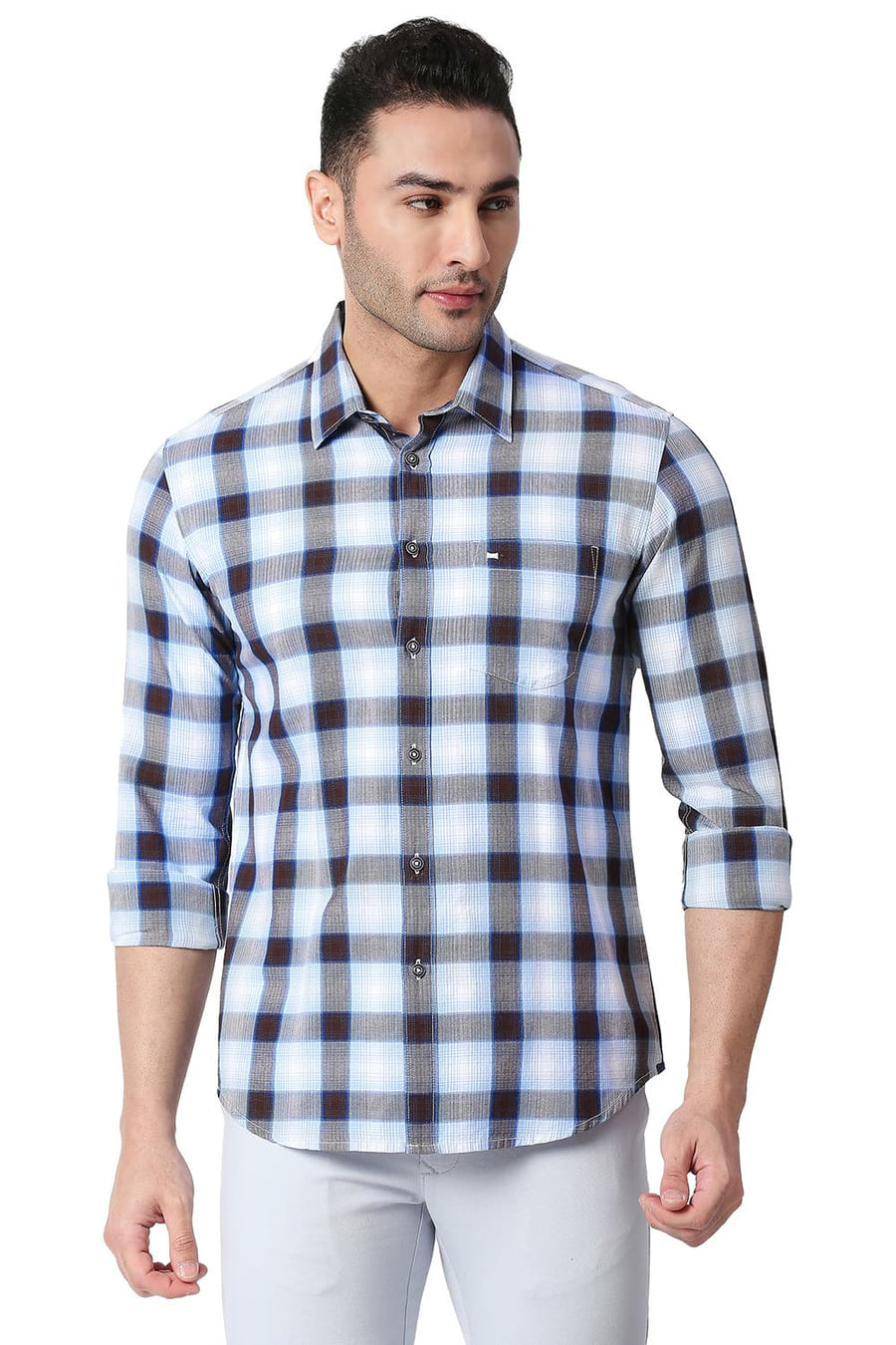 BASICS SLIM FIT WHISPER WHITE COTTON TWILL CHECKS SHIRT