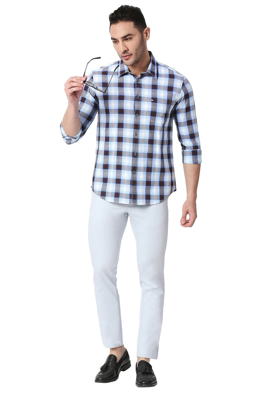 BASICS SLIM FIT WHISPER WHITE COTTON TWILL CHECKS SHIRT