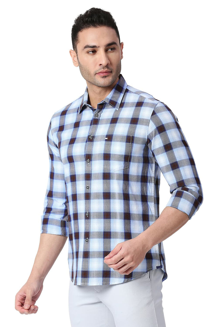 BASICS SLIM FIT WHISPER WHITE COTTON TWILL CHECKS SHIRT