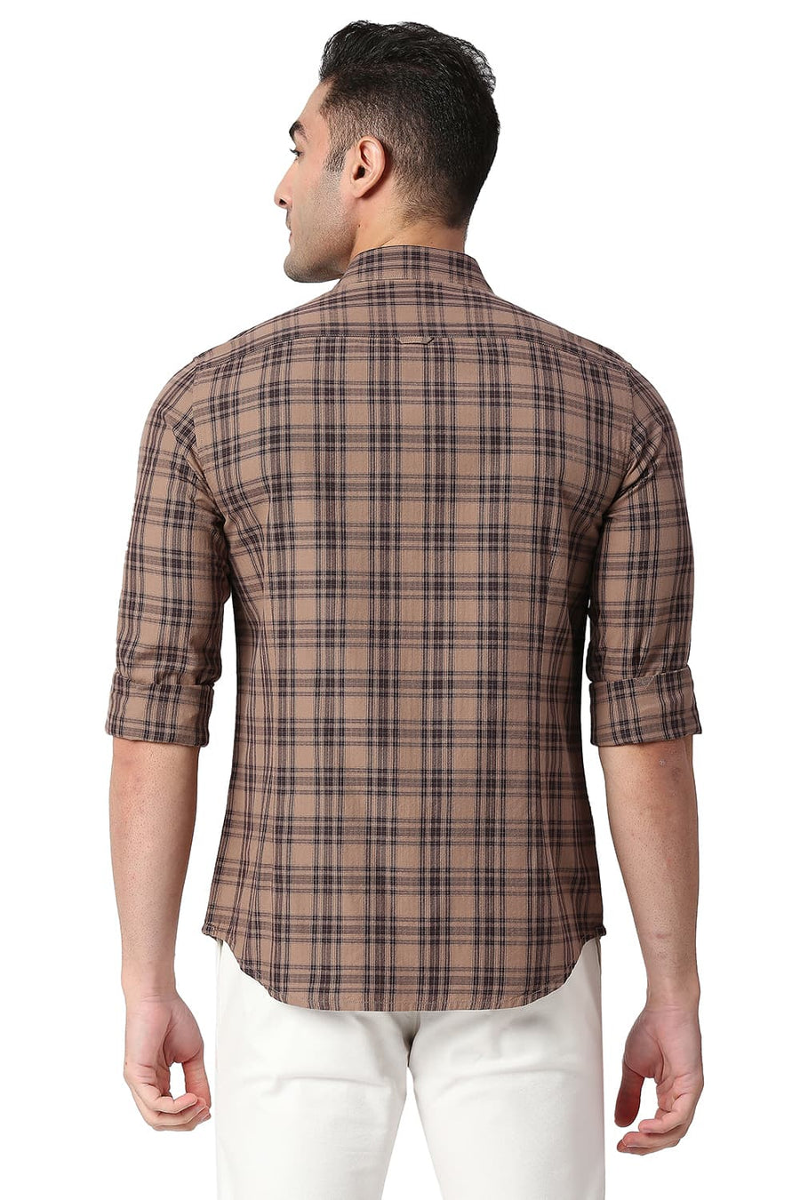 BASICS SLIM FIT TAWNY BROWN COTTON TWILL CHECKS SHIRT