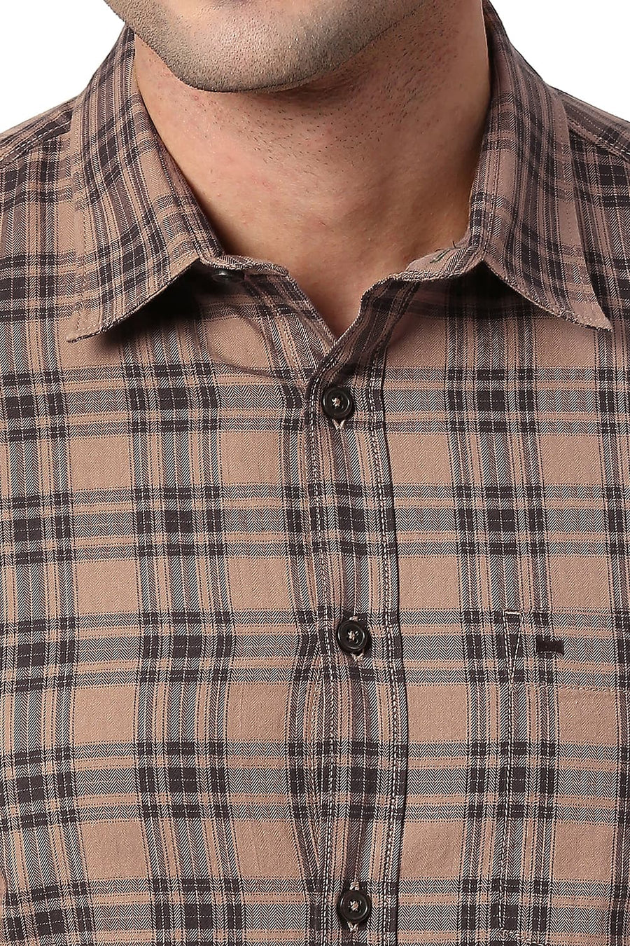 BASICS SLIM FIT TAWNY BROWN COTTON TWILL CHECKS SHIRT