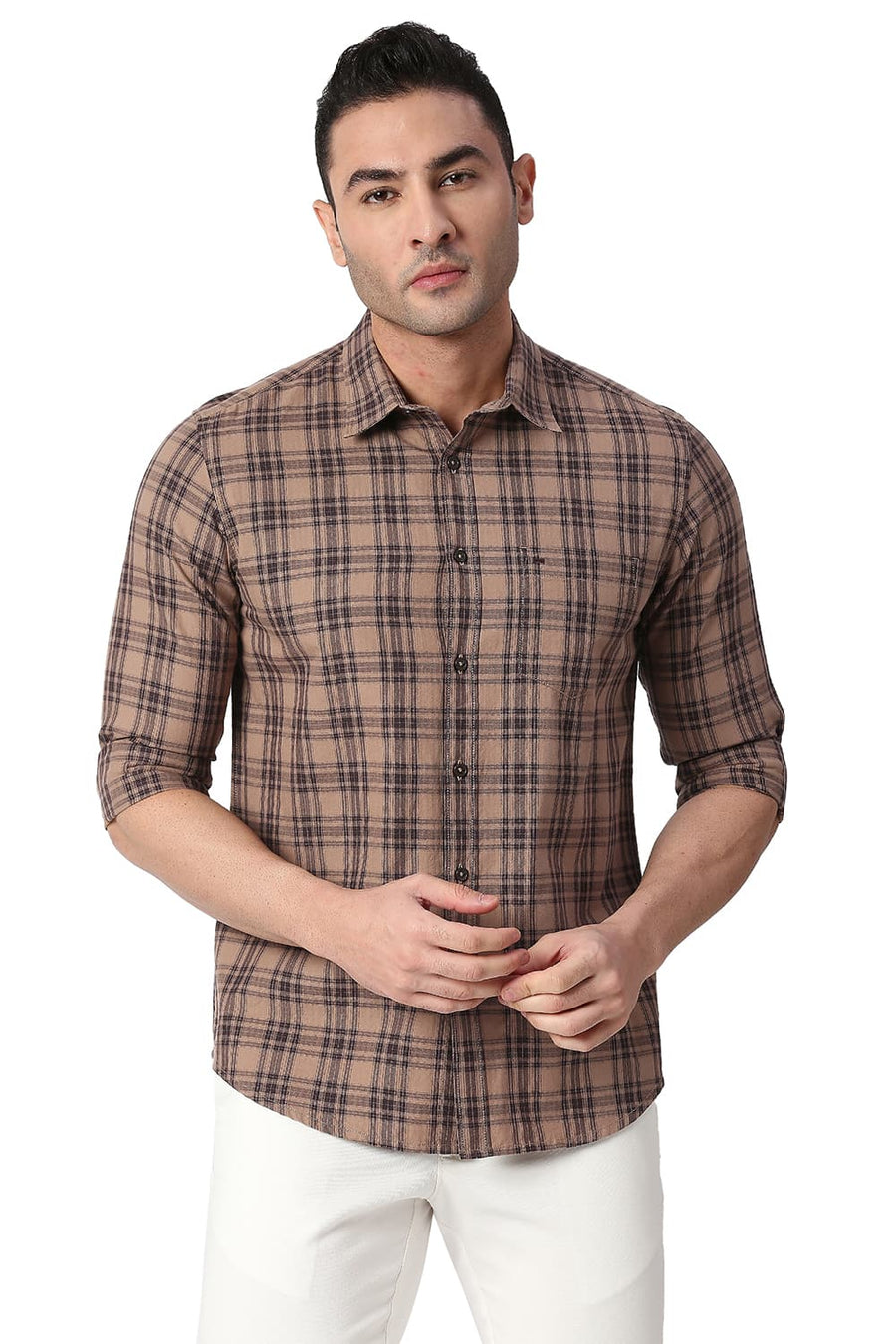 BASICS SLIM FIT TAWNY BROWN COTTON TWILL CHECKS SHIRT