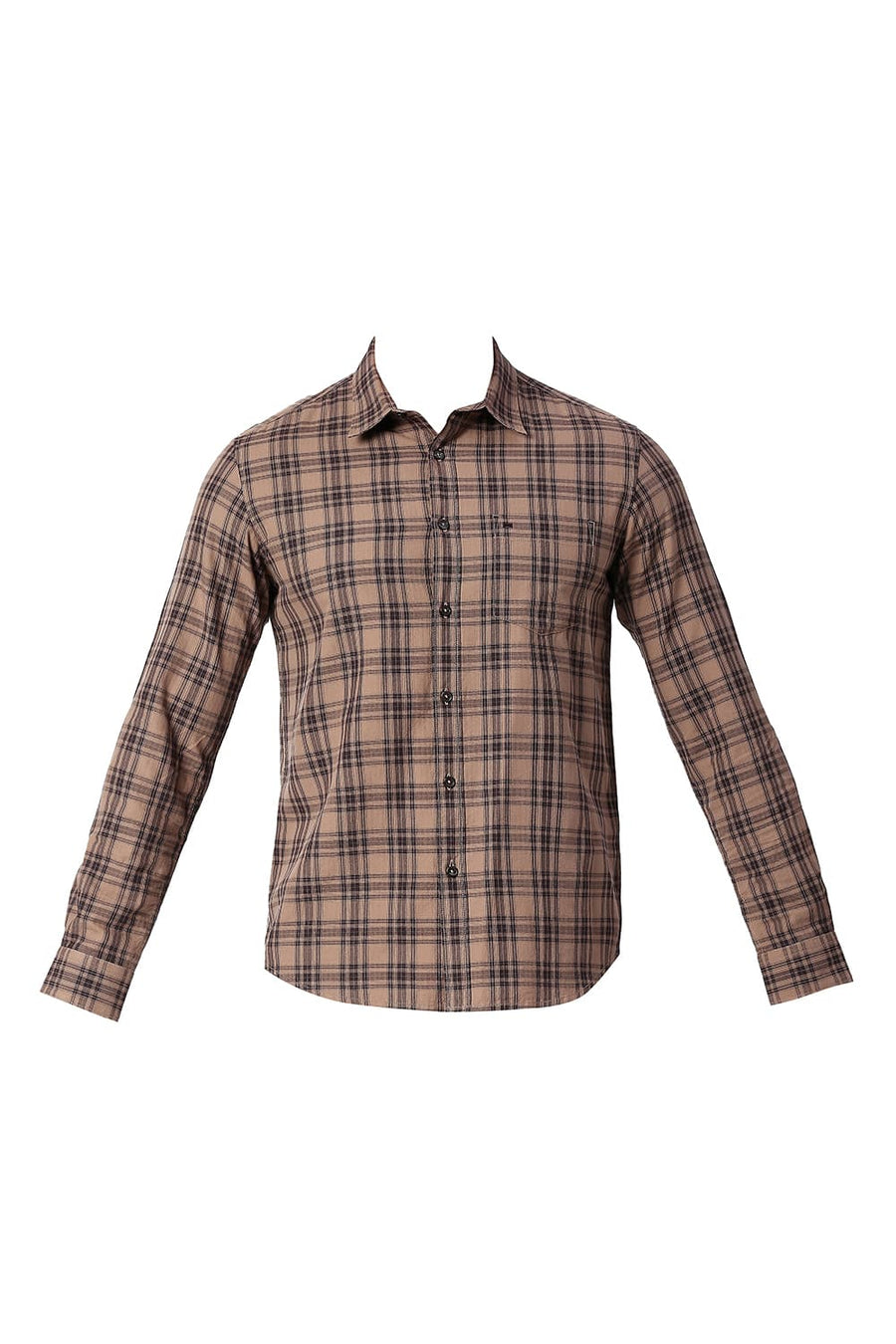 BASICS SLIM FIT TAWNY BROWN COTTON TWILL CHECKS SHIRT