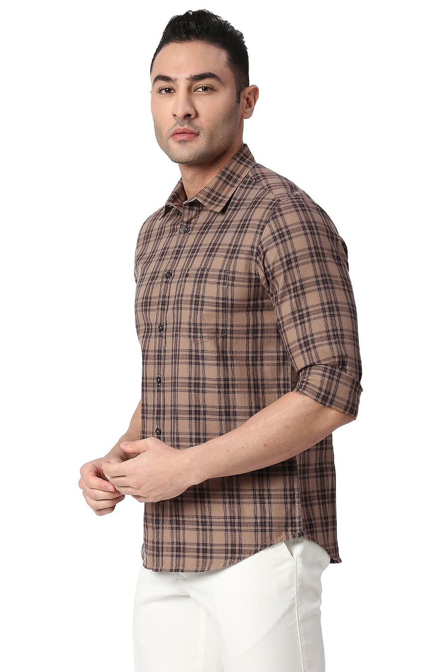 BASICS SLIM FIT TAWNY BROWN COTTON TWILL CHECKS SHIRT