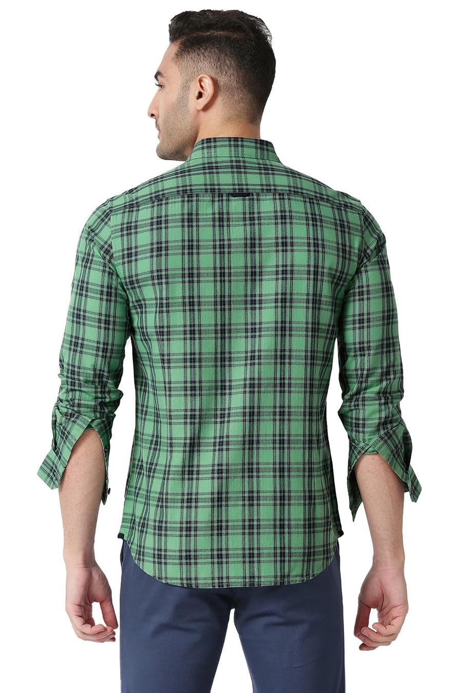 BASICS SLIM FIT FIR GREEN COTTON TWILL CHECKS SHIRT