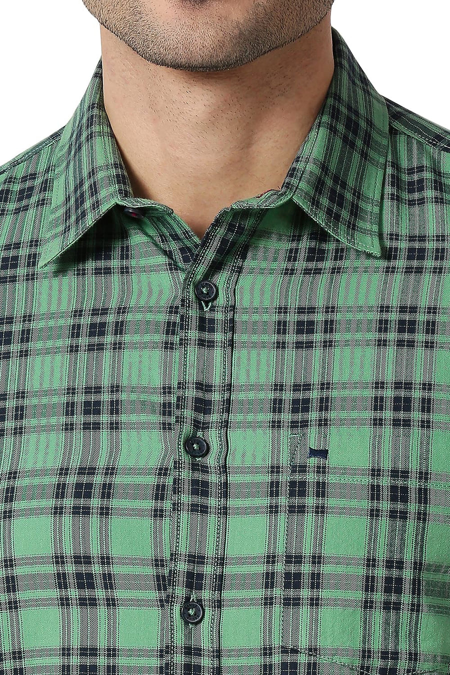 BASICS SLIM FIT FIR GREEN COTTON TWILL CHECKS SHIRT