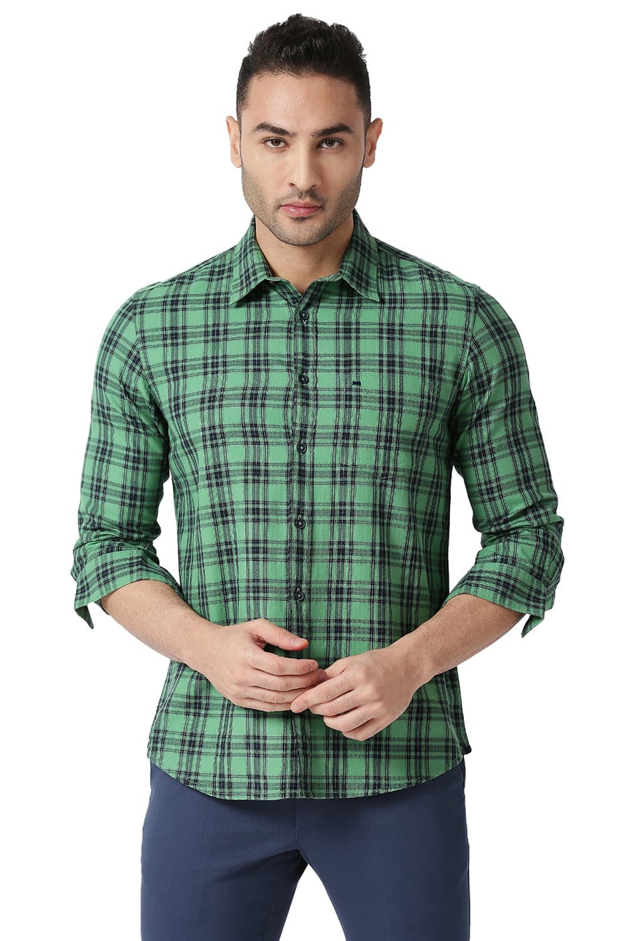 BASICS SLIM FIT FIR GREEN COTTON TWILL CHECKS SHIRT
