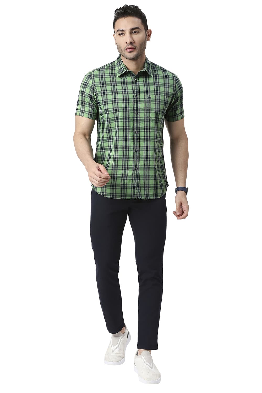 BASICS SLIM FIT COTTON TWILL CHECKS HALFSLEEVES SHIRT