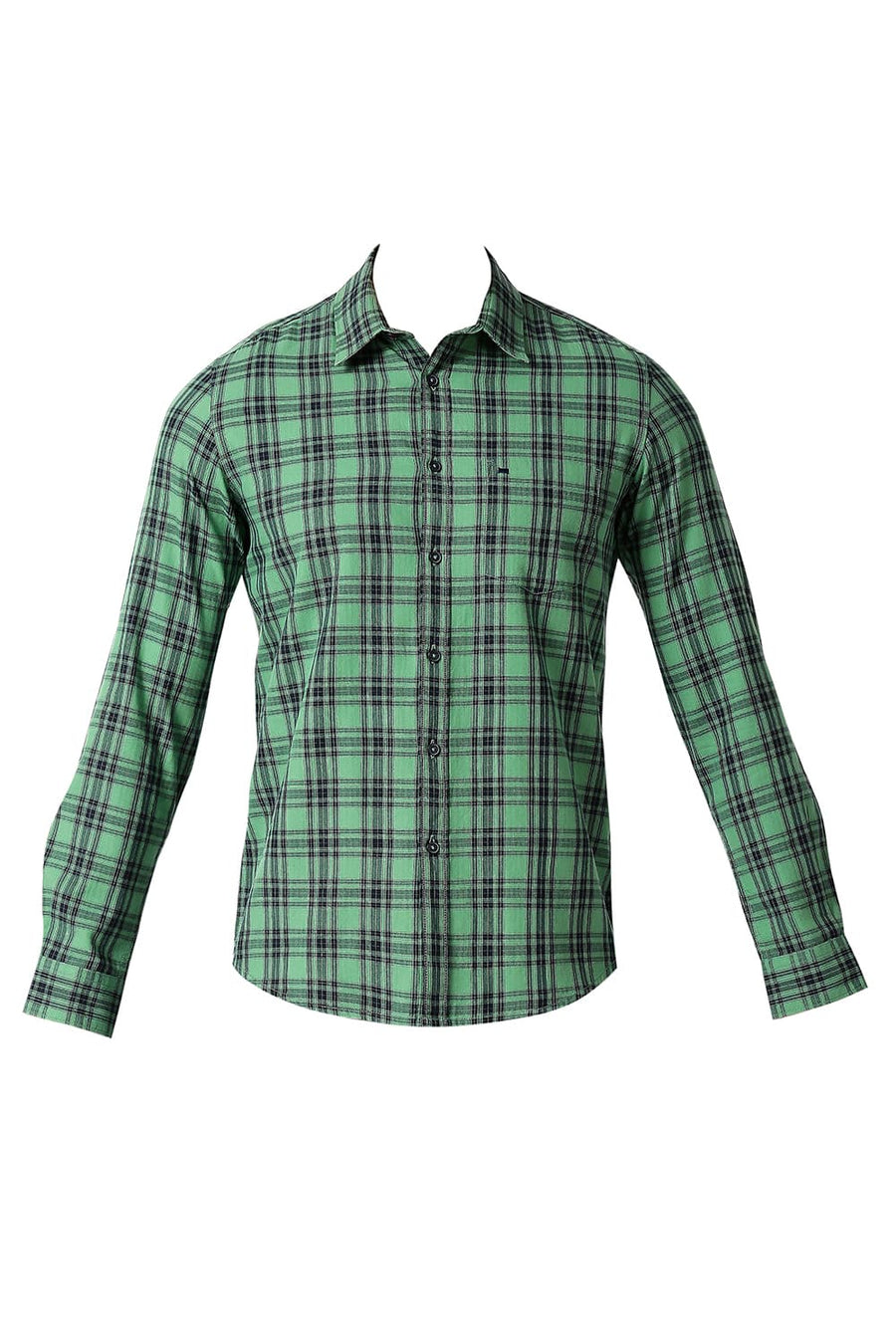 BASICS SLIM FIT FIR GREEN COTTON TWILL CHECKS SHIRT