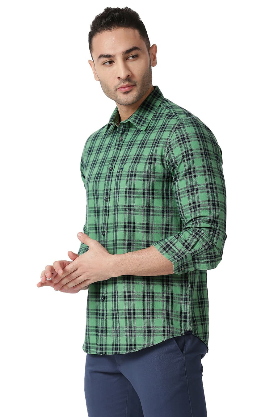 BASICS SLIM FIT FIR GREEN COTTON TWILL CHECKS SHIRT
