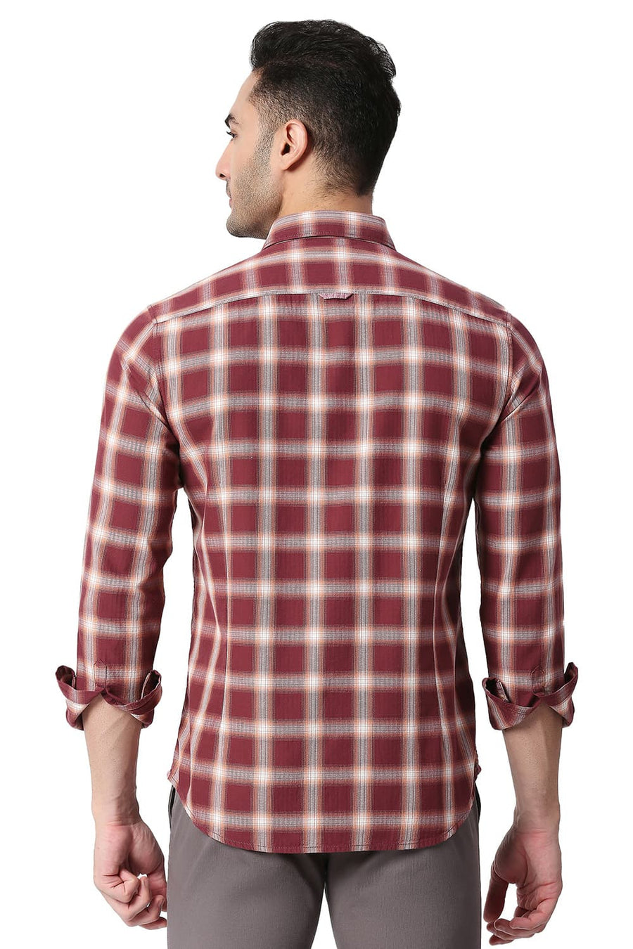 BASICS SLIM FIT SUN DRIED MAROON COTTON TWILL CHECKS SHIRT
