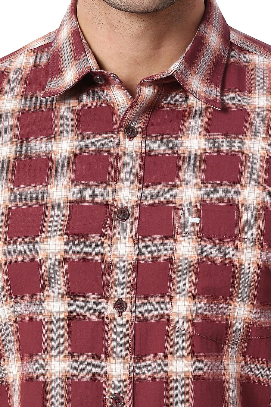BASICS SLIM FIT SUN DRIED MAROON COTTON TWILL CHECKS SHIRT