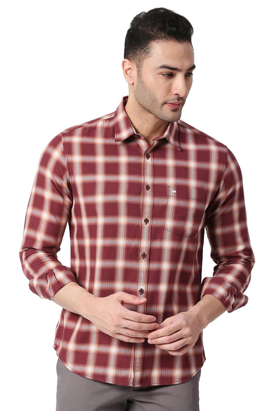 BASICS SLIM FIT SUN DRIED MAROON COTTON TWILL CHECKS SHIRT