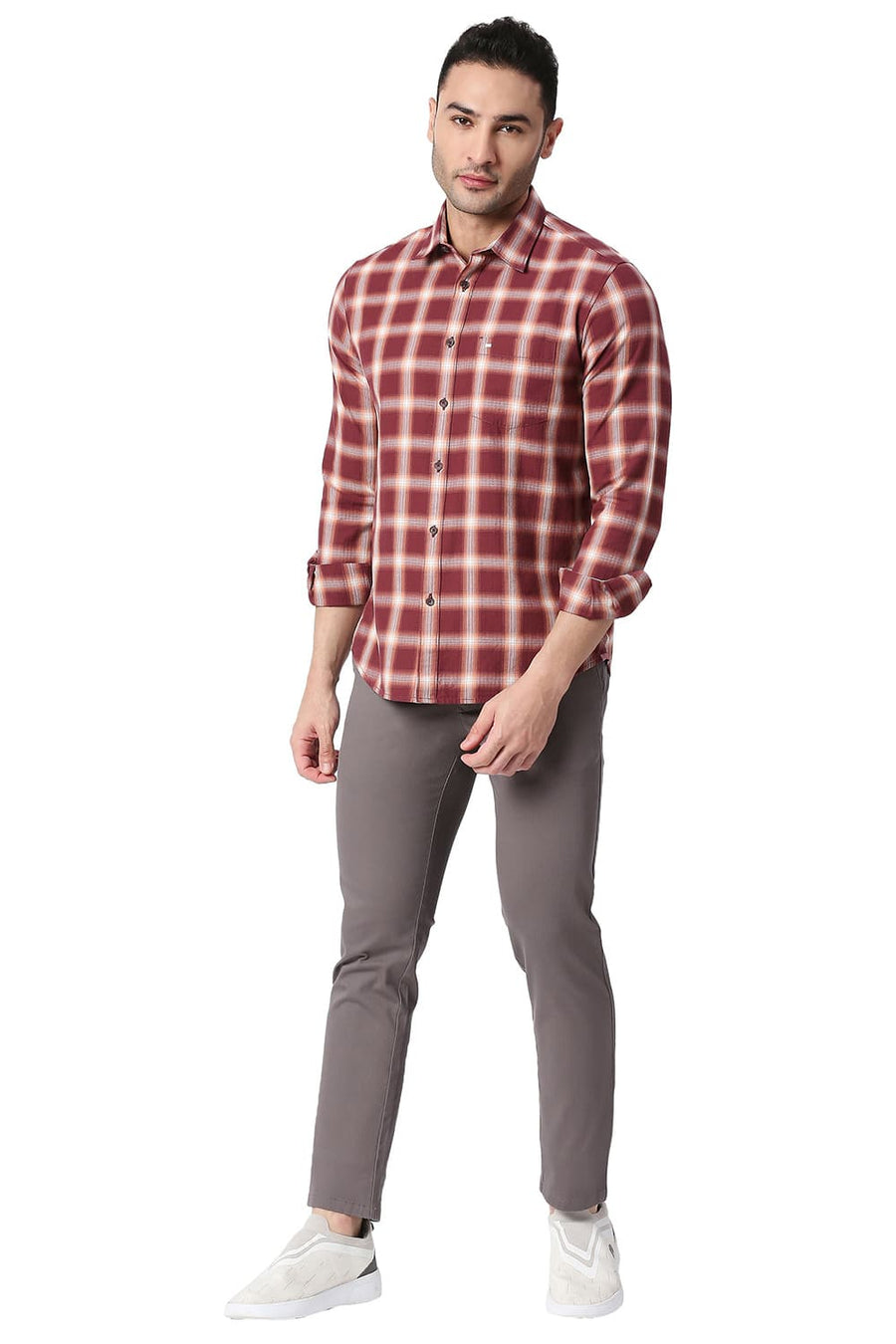 BASICS SLIM FIT SUN DRIED MAROON COTTON TWILL CHECKS SHIRT