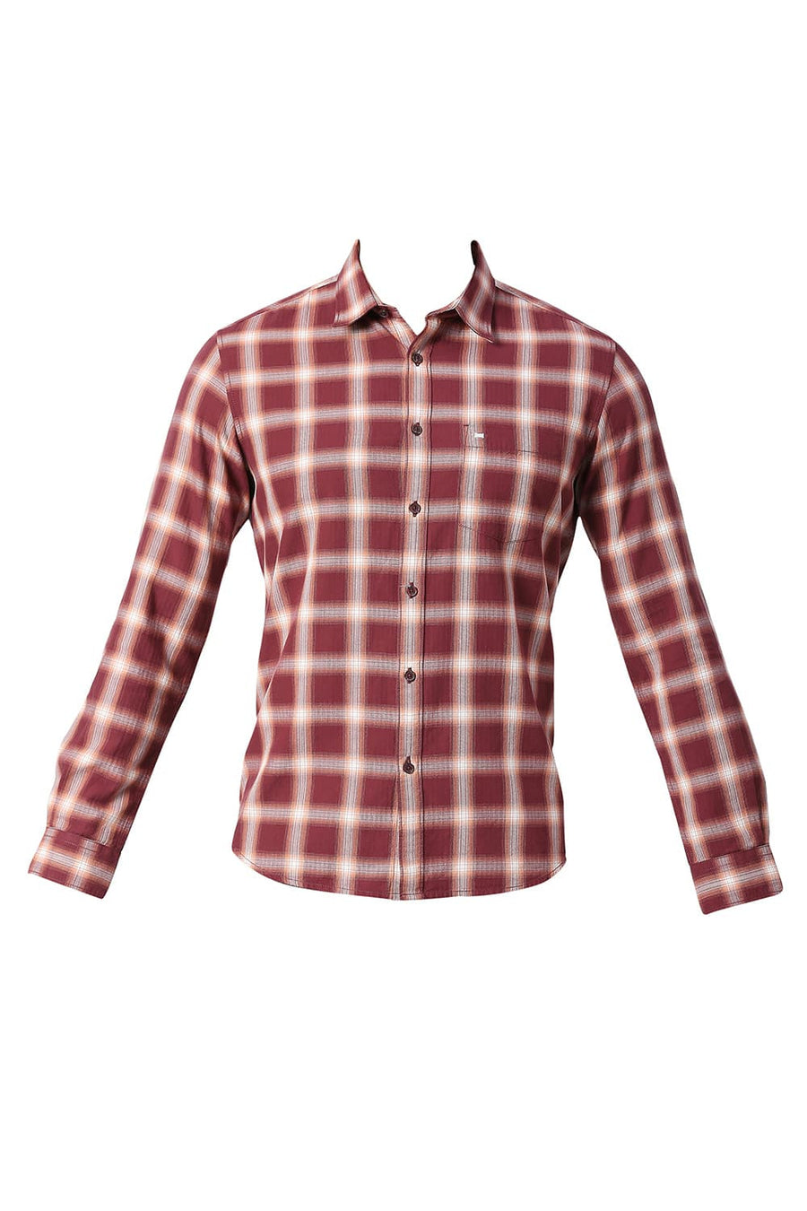 BASICS SLIM FIT SUN DRIED MAROON COTTON TWILL CHECKS SHIRT