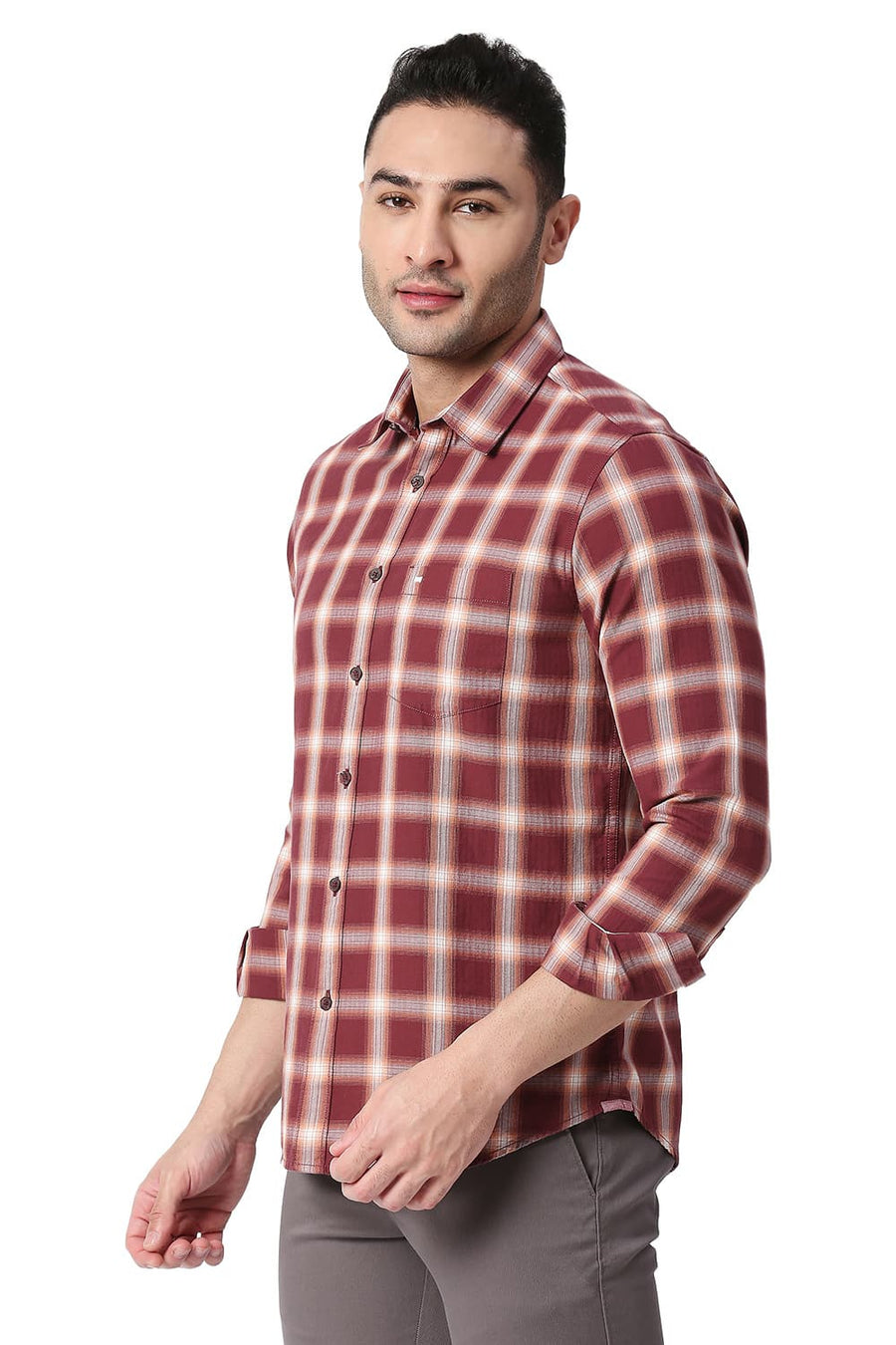 BASICS SLIM FIT SUN DRIED MAROON COTTON TWILL CHECKS SHIRT