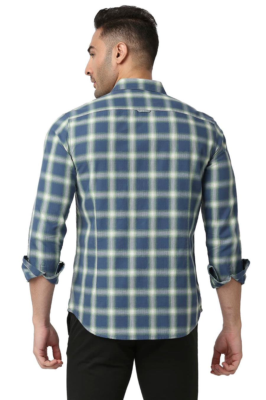 BASICS SLIM FIT LEGION BLUE COTTON TWILL CHECKS SHIRT