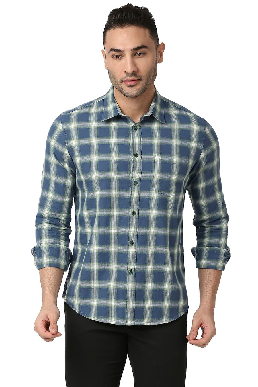 BASICS SLIM FIT LEGION BLUE COTTON TWILL CHECKS SHIRT