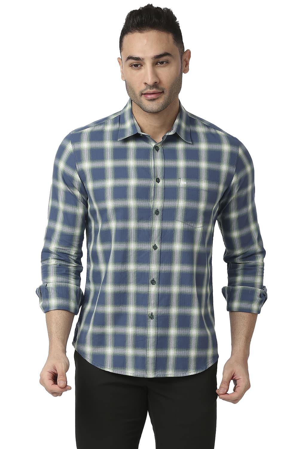 BASICS SLIM FIT COTTON TWILL CHECKS SHIRT