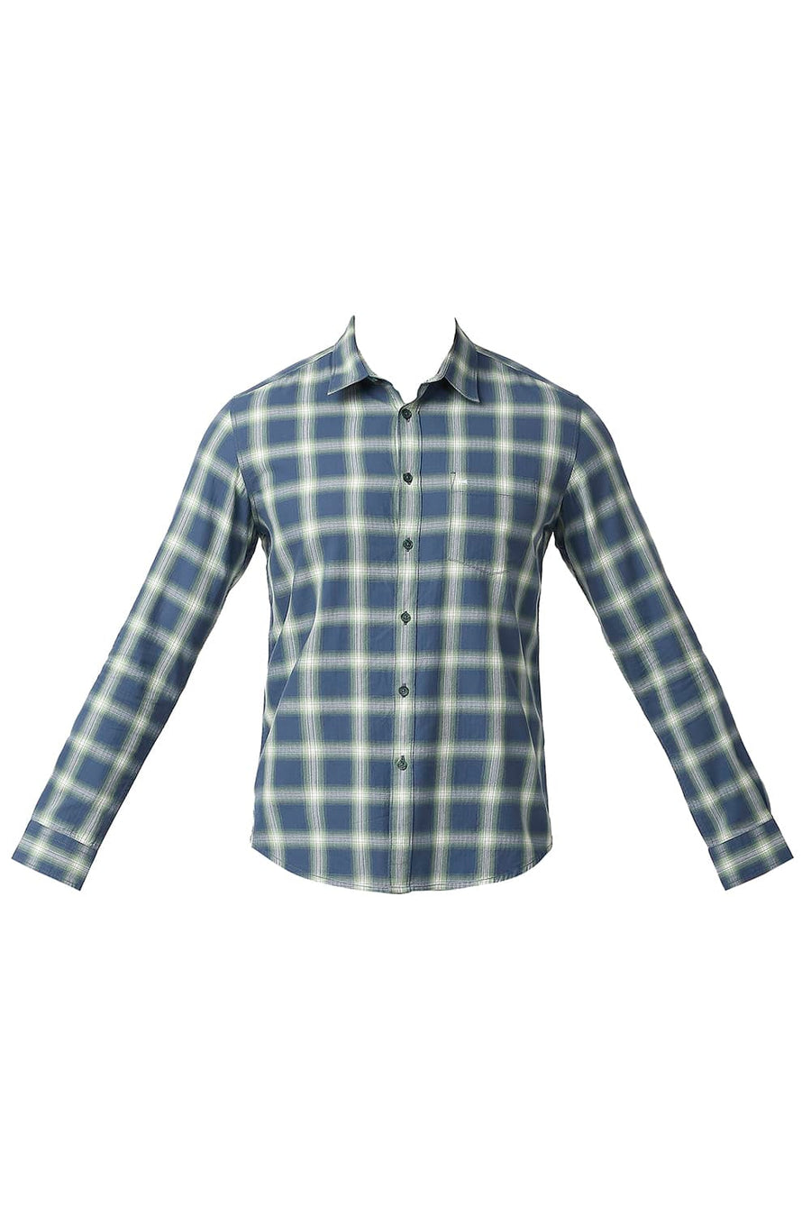 BASICS SLIM FIT LEGION BLUE COTTON TWILL CHECKS SHIRT